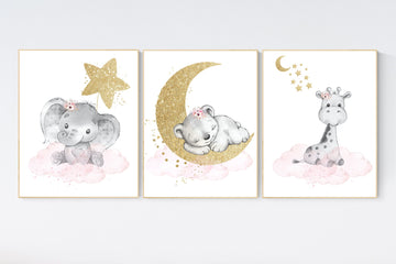 Nursery wall art girl, giraffe nursery, baby room decor girl gold and pink, bear nursery, cloud and stars, elephant nursery wall art