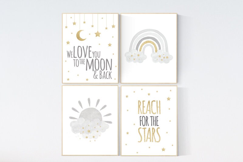 Nursery wall art grey, gray gold  nursery, rainbow nursery decor, baby room decor gender neutral, moon and stars, baby room wall art,