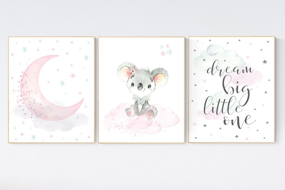 Pink mint nursery decor, koala nursery, pink and mint nursery, mint green, animal nursery, koala bear, moon, cloud, nursery wall decor