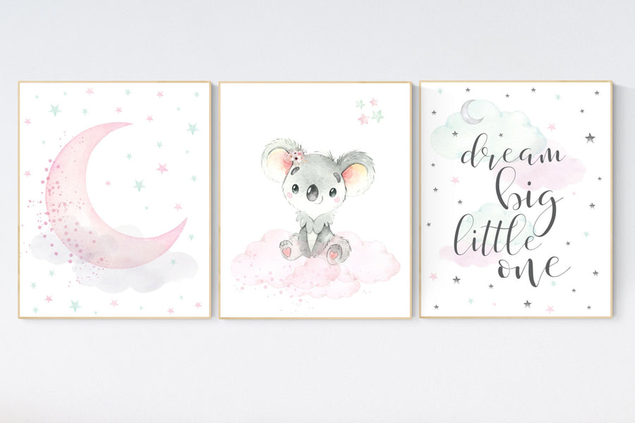 Pink mint nursery decor, koala nursery, pink and mint nursery, mint green, animal nursery, koala bear, moon, cloud, nursery wall decor