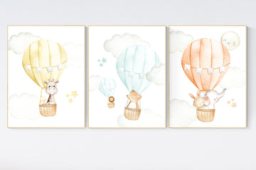 Nursery decor animals, hot air balloon, elephant giraffe, bear, gender neutral, nursery decor twins, animal nursery, neutral, unisex