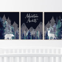 Nursery decor boy woodland, mountain wall art, tree nursery decor, adventure theme nursery, forest, navy and teal, woodland animals