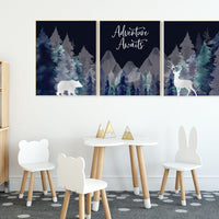 Nursery decor boy woodland, mountain wall art, tree nursery decor, adventure theme nursery, forest, navy and teal, woodland animals