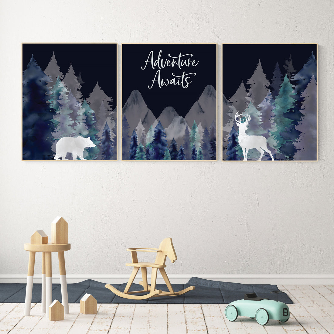 Nursery decor boy woodland, mountain wall art, tree nursery decor, adventure theme nursery, forest, navy and teal, woodland animals