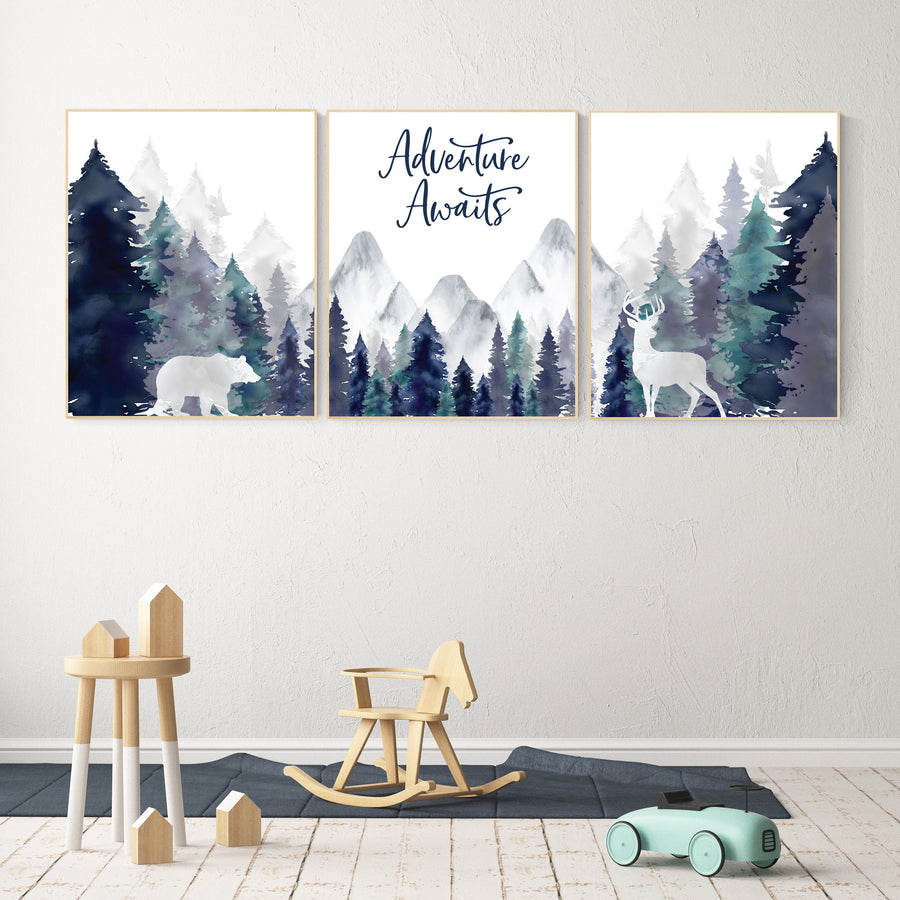 Nursery decor woodland, mountain wall art, tree nursery decor, adventure theme nursery, forest, navy and teal, woodland animals