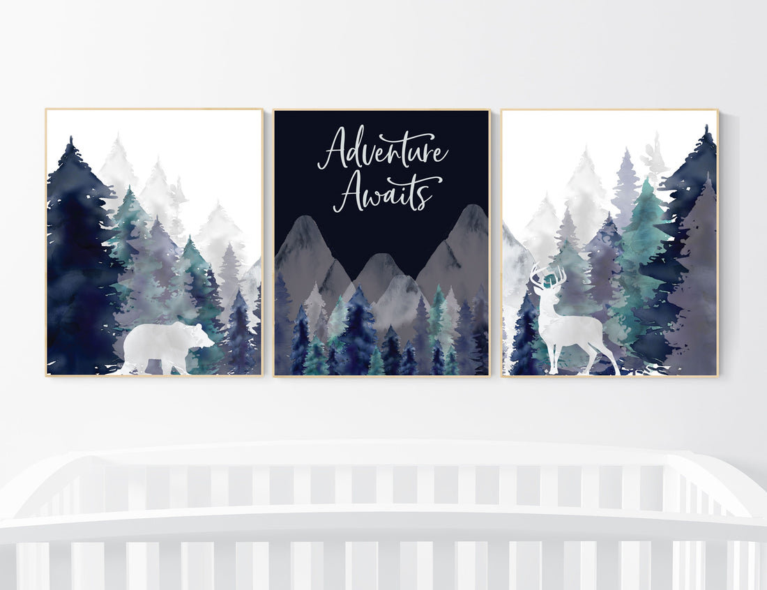 Nursery decor boy mountain, woodland nursery, tree nursery wall decor, adventure theme nursery, forest, navy and teal, woodland animals