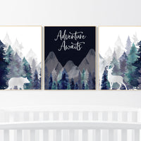 Nursery decor boy mountain, woodland nursery, tree nursery wall decor, adventure theme nursery, forest, navy and teal, woodland animals