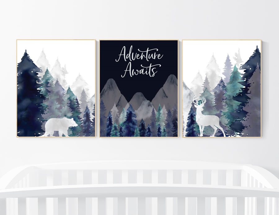 Nursery decor boy mountain, woodland nursery, tree nursery wall decor, adventure theme nursery, forest, navy and teal, woodland animals