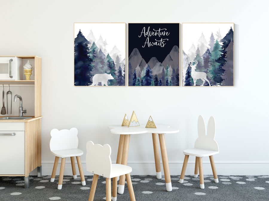 Nursery decor boy mountain, woodland nursery, tree nursery wall decor, adventure theme nursery, forest, navy and teal, woodland animals