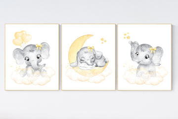 Nursery decor neutral, Yellow nursery, nursery wall art elephant, moon, stars, gender neutral, yellow and gray nursery art, baby room art