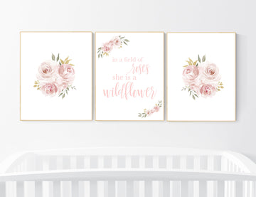 In a field of roses she is a wildflower, Nursery decor girl blush, nursery decor girl floral, rose, blush pink,  nursery decor flower