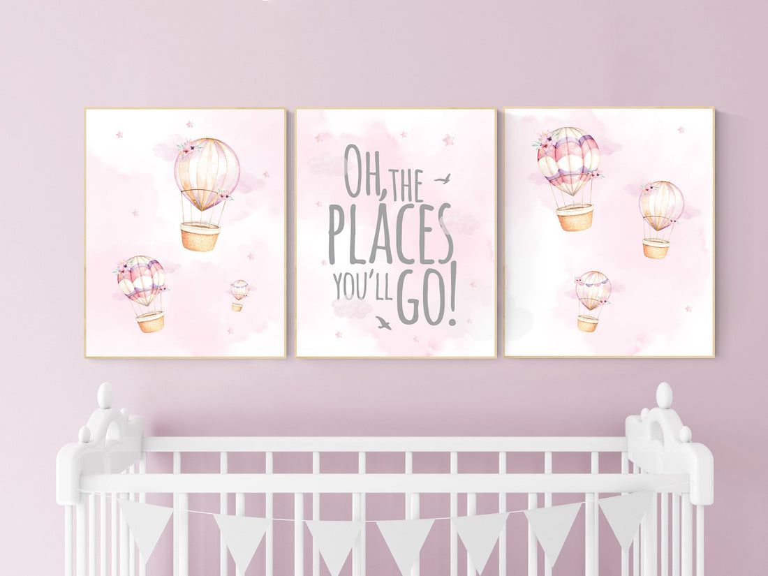 Hot air balloon nursery girls, Nursery decor girl, hot air balloon art for nursery, pink nursery prints, girls room wall decor, girl nursery