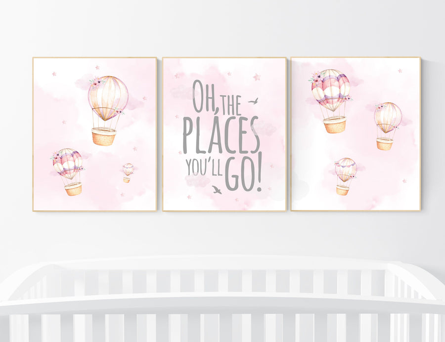 Hot air balloon nursery girls, Nursery decor girl, hot air balloon art for nursery, pink nursery prints, girls room wall decor, girl nursery