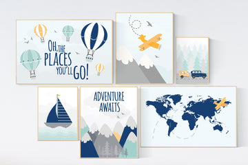 Adventure nursery decor, Nursery decor boy mountains adventure, nursery decor boy airplane, world map nursery, adventure awaits, navy yellow