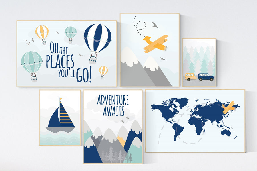 Adventure nursery decor, Nursery decor boy mountains adventure, nursery decor boy airplane, world map nursery, adventure awaits, navy yellow
