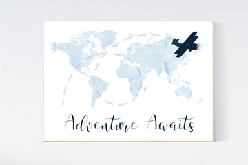 Canvas Listing: Nursery wall art map, adventure awaits, world map print, nursery decor, navy blue, plane nursery decor, blue world map