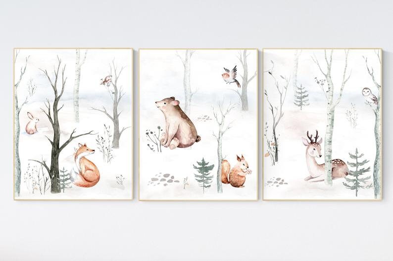 CANVAS LISTING: Nursery decor woodland animals, gender neutral nursery, Woodland Nursery Wall Art, Woodland animal prints