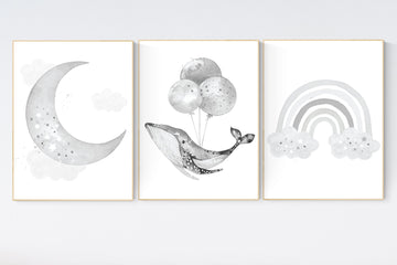 Nursery wall art grey, whale nursery, gray nursery, nursery decor neutral, baby room decor gender neutral, moon and stars, grey nursery