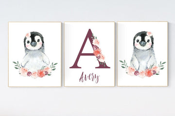 Penguin nursery, flower nursery wall art, girl nursery, baby room wall art, nursery wall art penguin, nursery decor girl, penguins
