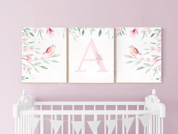 Baby girl wall decor, Girl nursery decor, bird nursery wall art, floral nursery, flower nursery, Baby Girl Nursery Wall Decor, Bird Theme