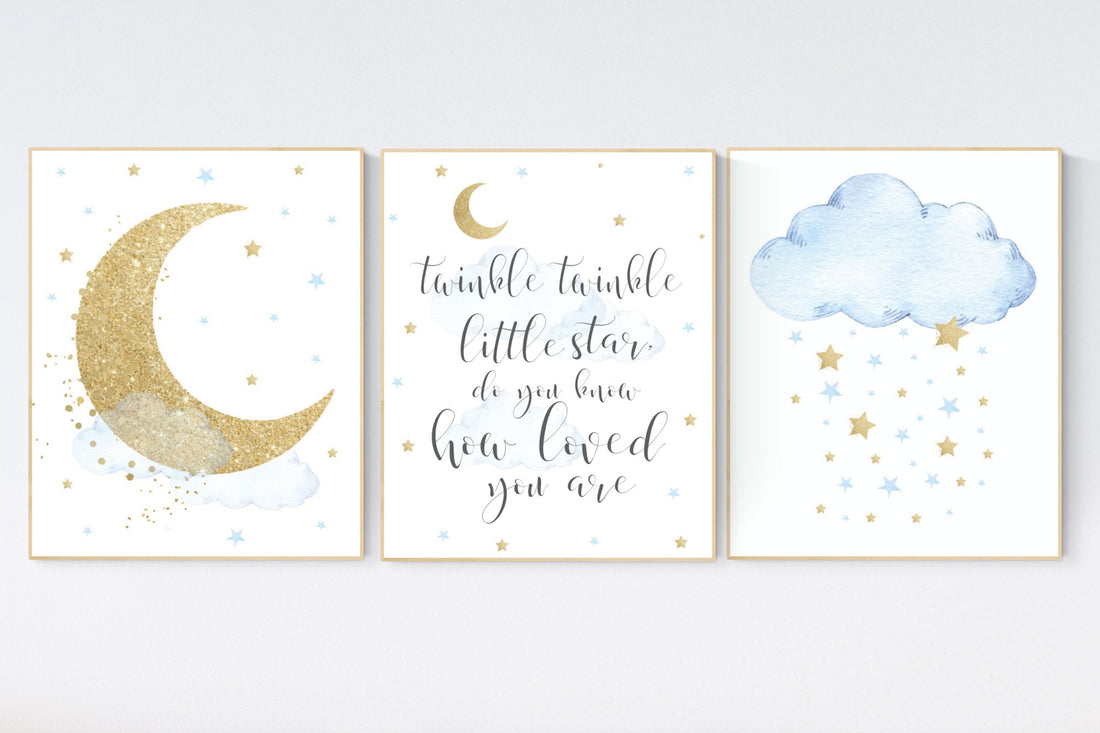 Nursery decor boy, blue and gold nursery, twinkle twinkle little star, blue nursery wall art, cloud and stars, baby nursery room decor