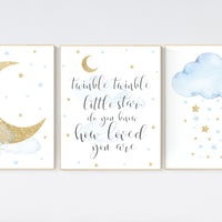 Nursery decor boy, blue and gold nursery, twinkle twinkle little star, blue nursery wall art, cloud and stars, baby nursery room decor