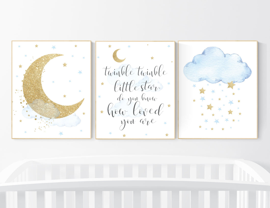 Nursery decor boy, blue and gold nursery, twinkle twinkle little star, blue nursery wall art, cloud and stars, baby nursery room decor