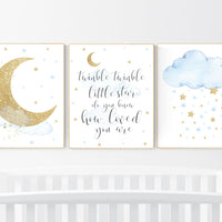 Nursery decor boy, blue and gold nursery, twinkle twinkle little star, blue nursery wall art, cloud and stars, baby nursery room decor