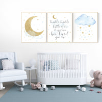 Nursery decor boy, blue and gold nursery, twinkle twinkle little star, blue nursery wall art, cloud and stars, baby nursery room decor