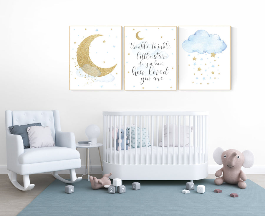 Nursery decor boy, blue and gold nursery, twinkle twinkle little star, blue nursery wall art, cloud and stars, baby nursery room decor