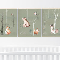 Nursery decor woodland animals, gender neutral, Woodland Nursery Wall Art, Woodland animal prints, forest, animal nursery, green nursery