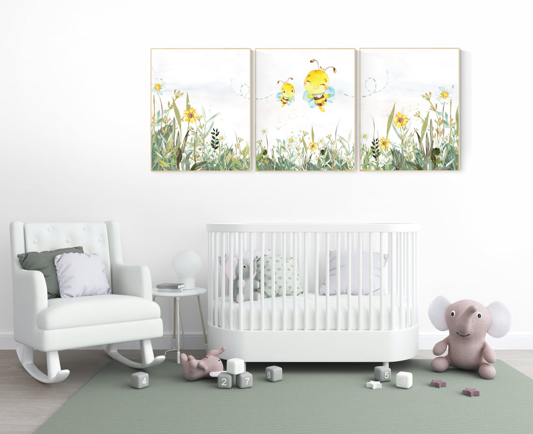 nursery decor neutral, gender neutral nursery decor, bee nursery decor, bee nursery prints, nursery wall art prints, yellow nursery art