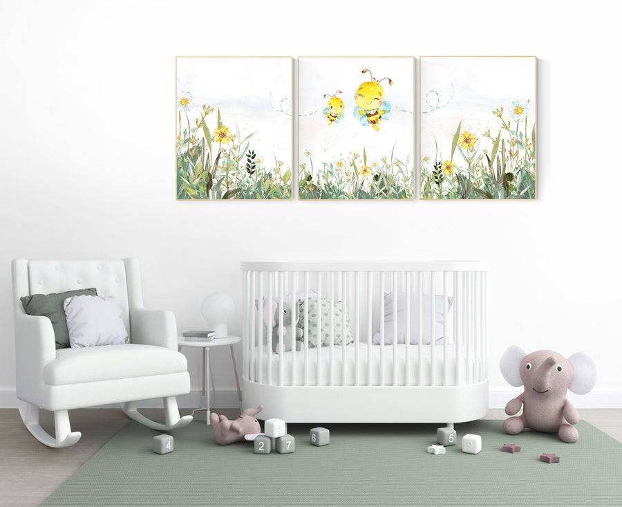 nursery decor neutral, gender neutral nursery decor, bee nursery decor, bee nursery prints, nursery wall art prints, yellow nursery art