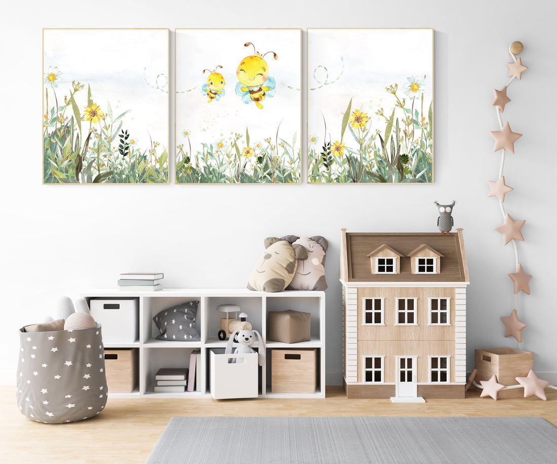 nursery decor neutral, gender neutral nursery decor, bee nursery decor, bee nursery prints, nursery wall art prints, yellow nursery art