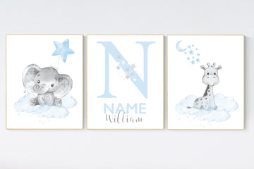 Nursery wall art animals, baby room decor blue, baby room decor, elephant, giraffe, animal nursery decor, nursery prints boy room decor