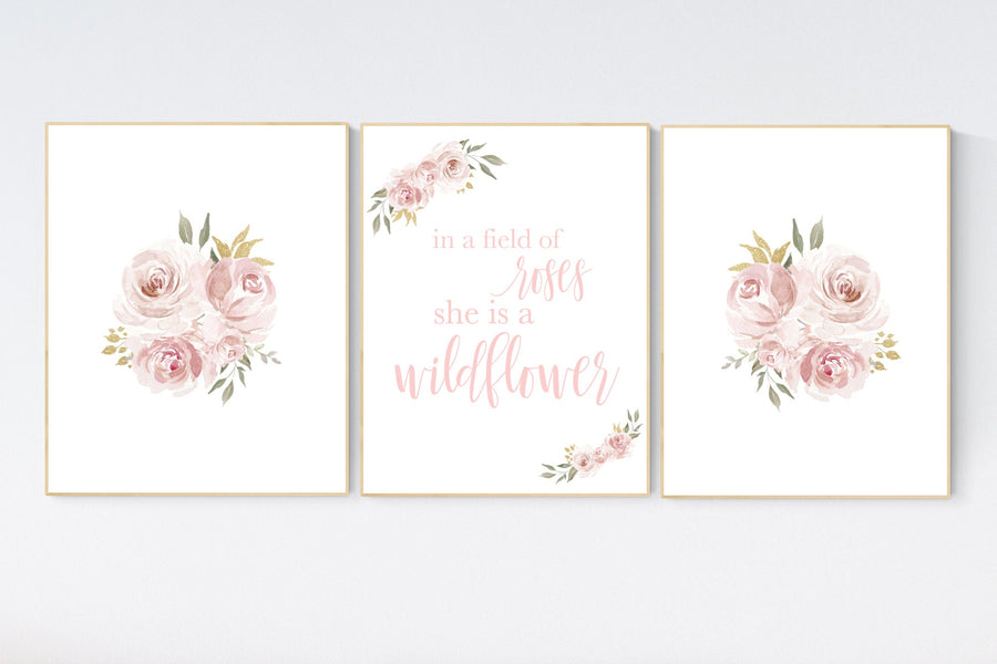 In a field of roses she is a wildflower, Nursery decor girl blush, nursery decor girl floral, rose, blush pink,  nursery decor flower