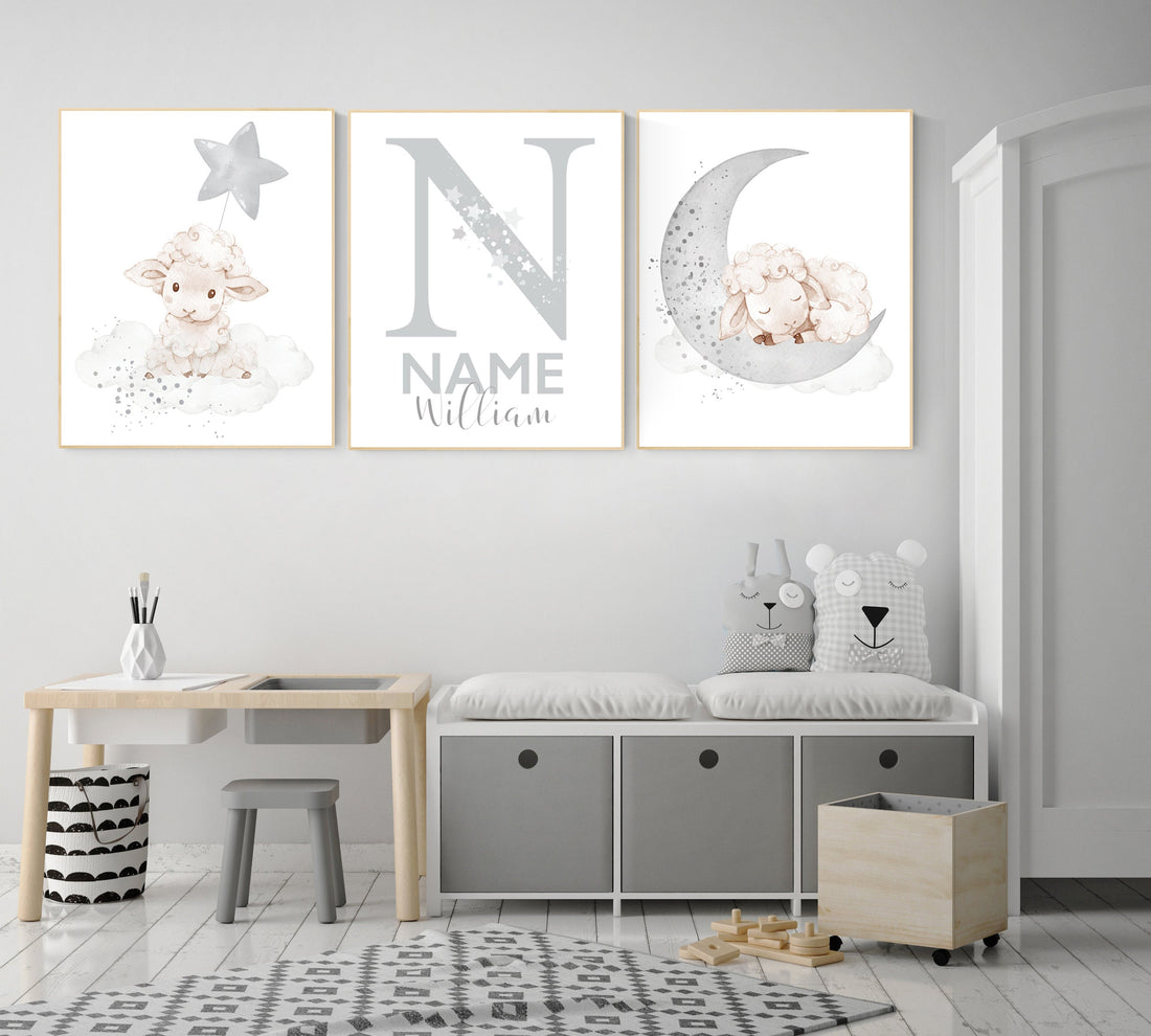 Sheep nursery decor, Gray nursery decor, nursery decor lambs, nursery wall art sheep, moon and cloud wall art nursery gender neutral nursery