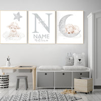 Sheep nursery decor, Gray nursery decor, nursery decor lambs, nursery wall art sheep, moon and cloud wall art nursery gender neutral nursery