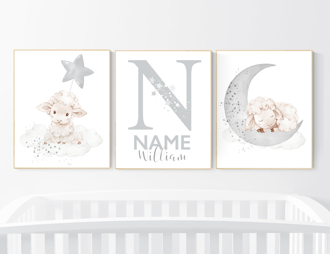 Sheep nursery decor, Gray nursery decor, nursery decor lambs, nursery wall art sheep, moon and cloud wall art nursery gender neutral nursery