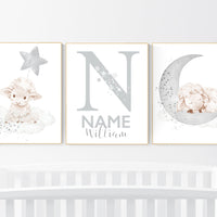 Sheep nursery decor, Gray nursery decor, nursery decor lambs, nursery wall art sheep, moon and cloud wall art nursery gender neutral nursery