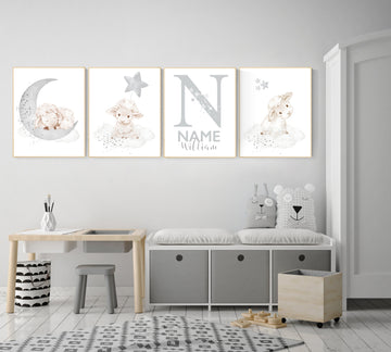 Sheep nursery decor, Gray nursery decor, nursery decor lambs, nursery wall art sheep, moon and cloud wall art nursery gender neutral nursery