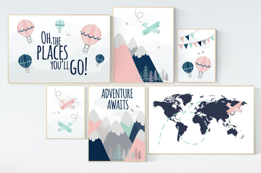 Adventure nursery decor, blush pink mint , mountain art print set, pink navy wall art, airplane, world map, adventure awaits hot air balloon