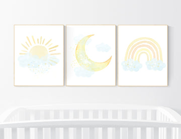 Moon and stars nursery, blue yellow, gender neutral nursery, nursery wall decor, rainbow, sun, blue and yellow, nursery wall decor, baby