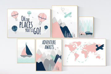Adventure awaits nursery, Mountain art print set, coral navy mint, Adventure nursery,  coral mint girl, airplane, world map, hot air balloon