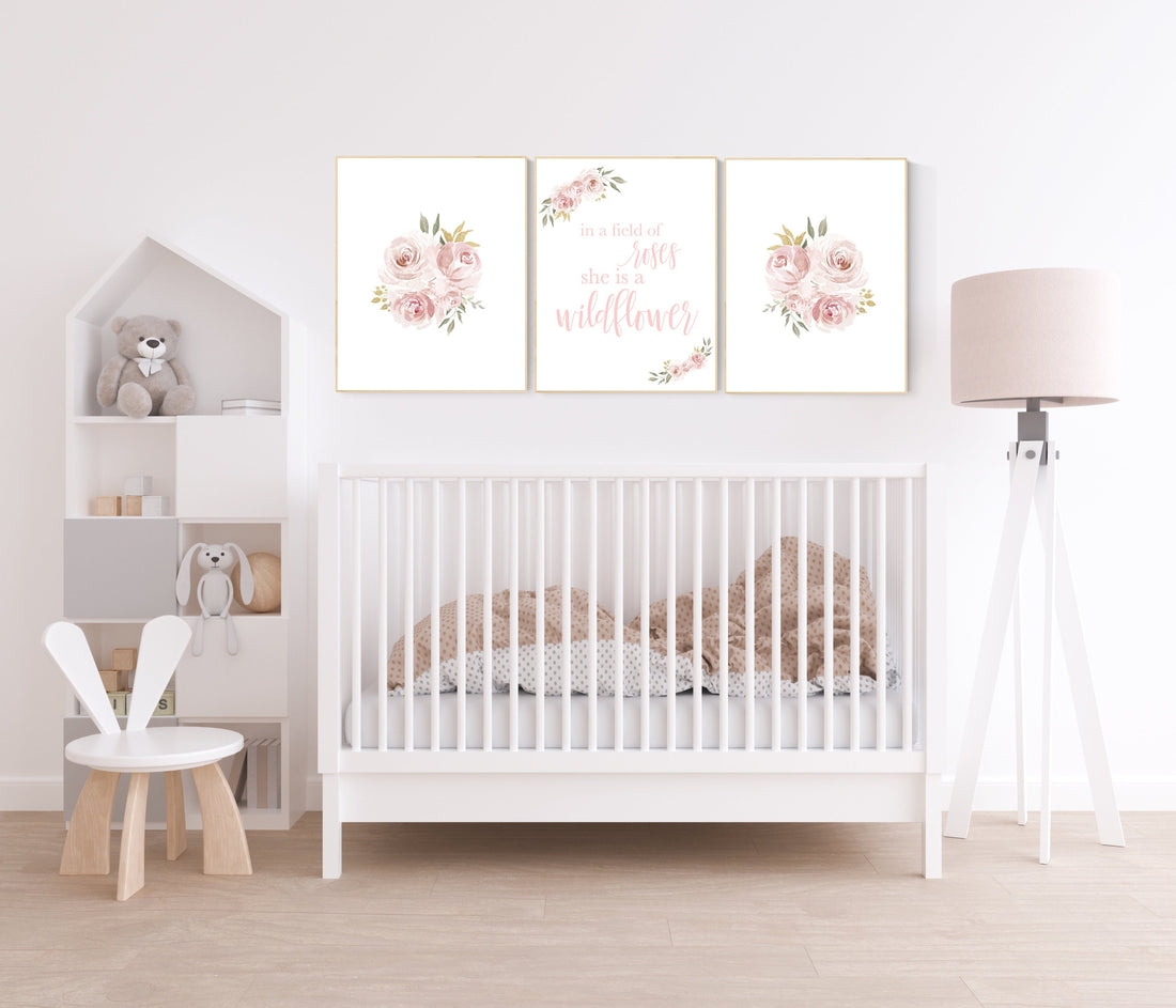 In a field of roses she is a wildflower, Nursery decor girl blush, nursery decor girl floral, rose, blush pink,  nursery decor flower