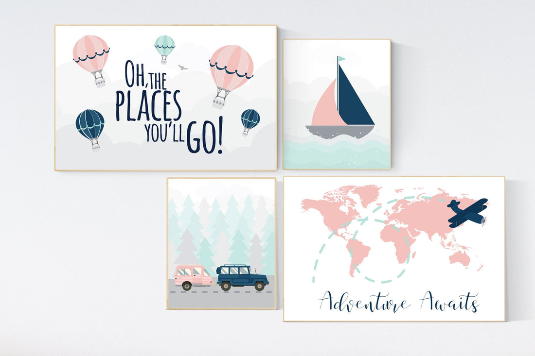 Adventure awaits nursery, Mountain art print set, coral navy mint, Adventure nursery,  coral mint girl, airplane, world map, hot air balloon