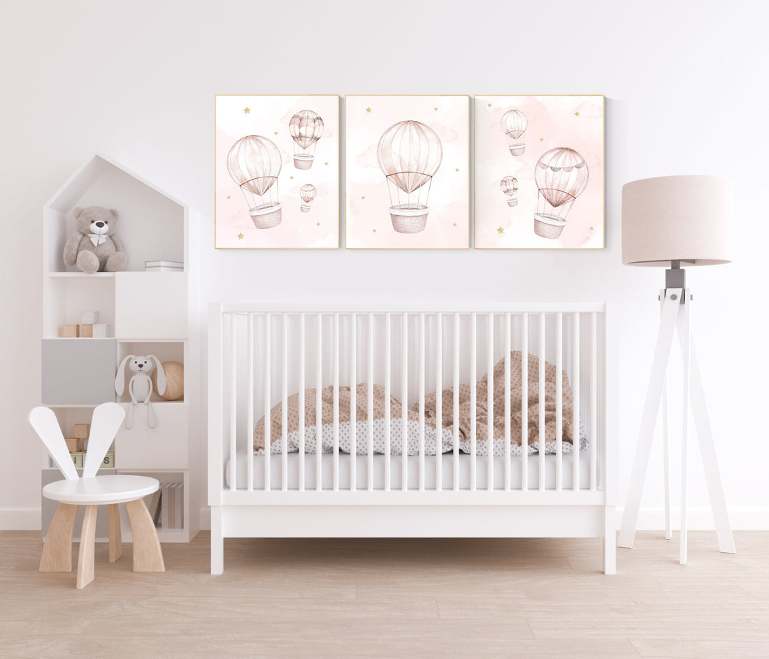 Blush nursery wall art, Nursery decor girl, hot air balloon nursery, blush pink nursery, nursery decor woodland animals, hot air balloon