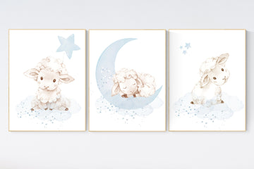 Sheep nursery decor, blue grey nursery, nursery decor lambs, nursery wall art sheep, moon and cloud wall art nursery, gray blue, nursery art