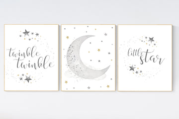 Nursery wall art grey, gray gold nursery, nursery decor neutral, baby room decor gender neutral, moon and stars, grey gold, twinkle twinkle