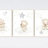 Gender neutral nursery, Sheep nursery decor, Gray nursery decor, nursery decor lambs, nursery wall art sheep, lamb nursery, cloud and stars